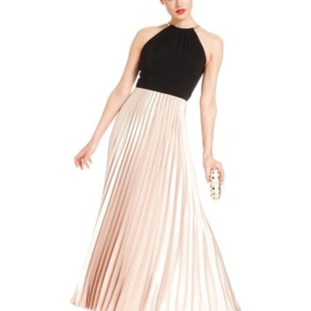Xscape Pleated Halter Dress Taupe & Black Size 6
